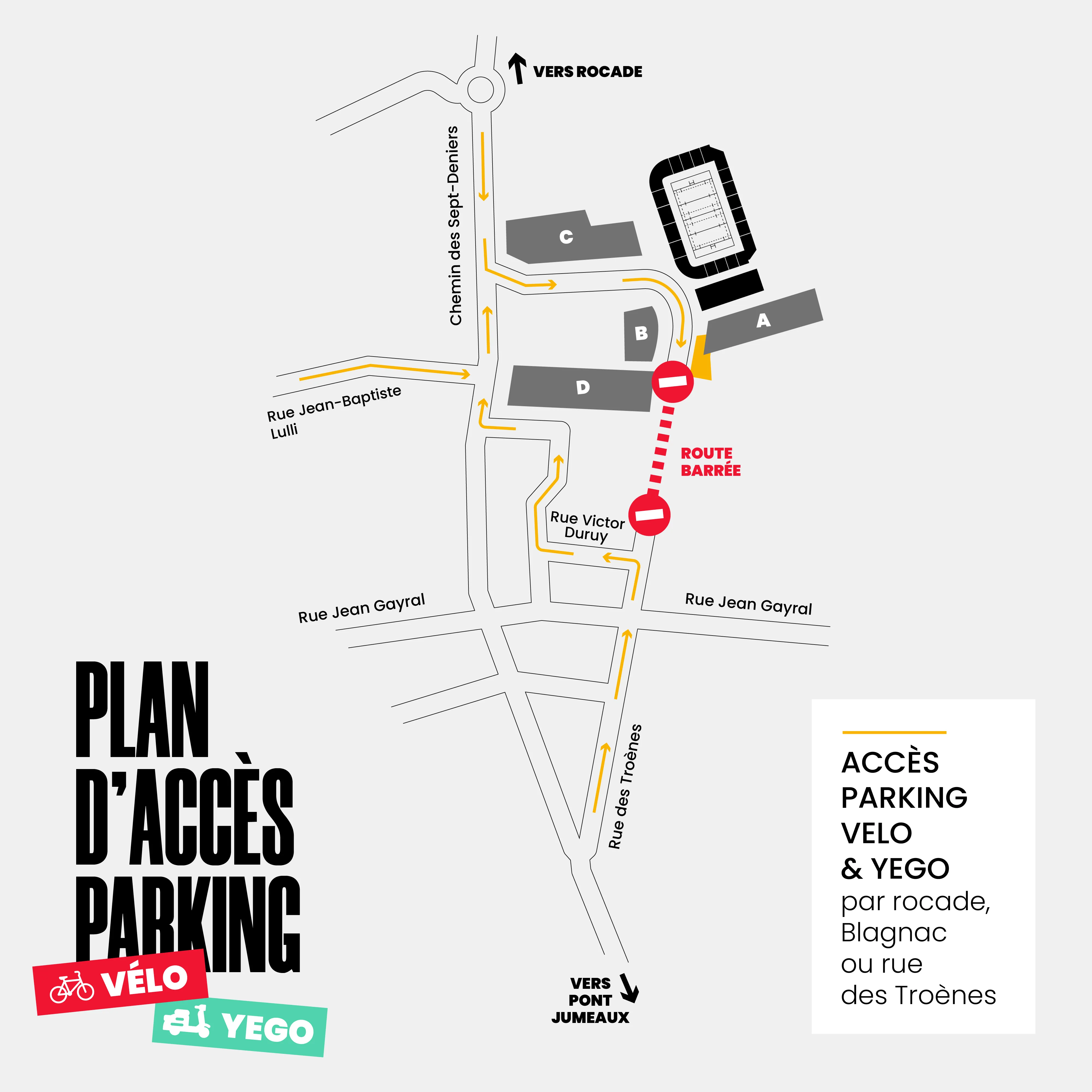 Plan d'accès aux parkings 2 roues pendant les travaux de la rue des Troènes